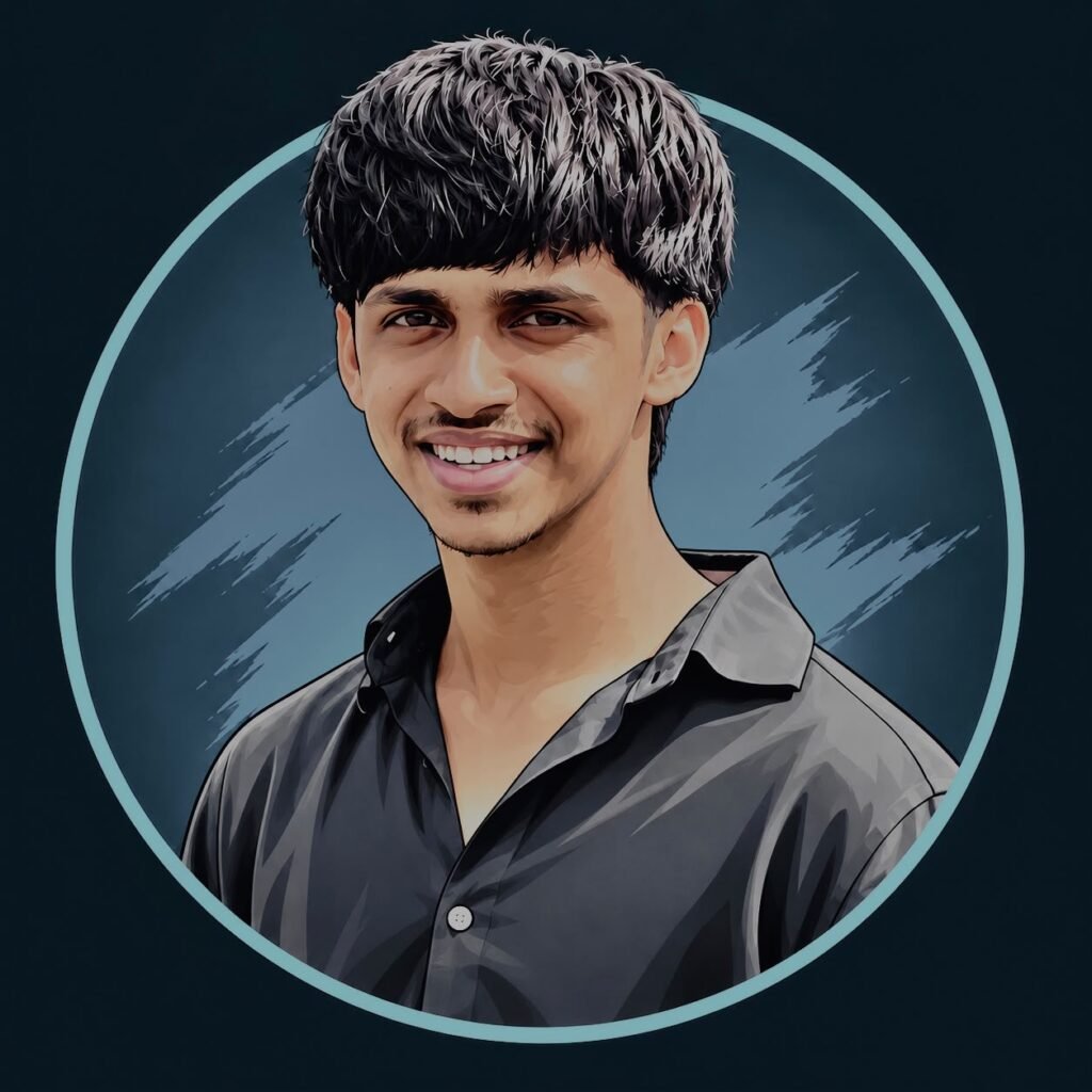 "Digital portrait illustration of Karthik, a digital marketer, wearing a black shirt with a blue circular background for a personal portfolio website."